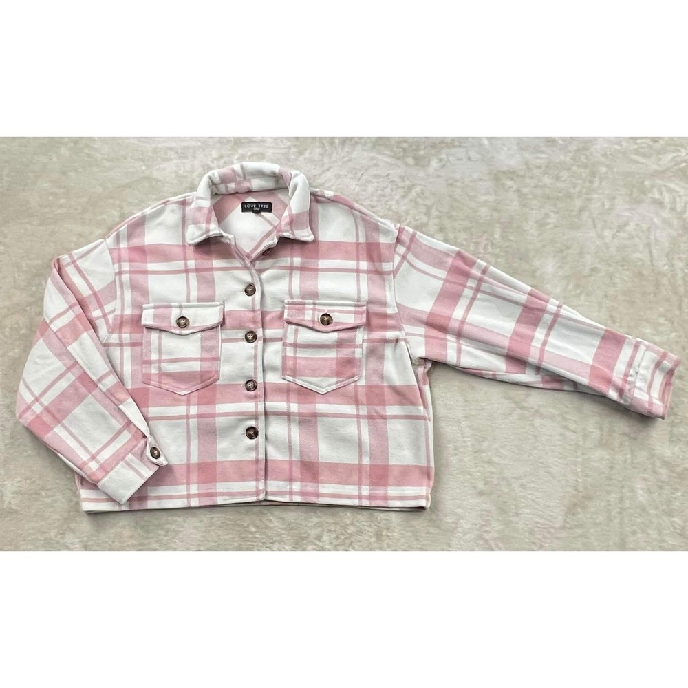 Love Tree Women Pink White Plaid Cropped Shacket Button Up Jacket Large